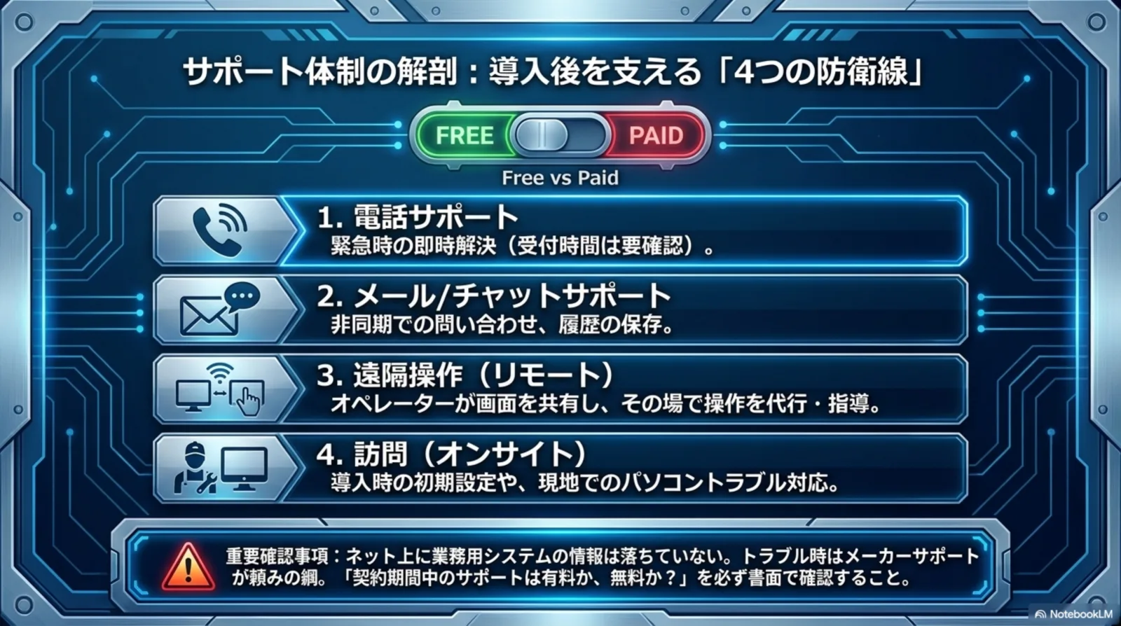 サポート4種類 電話・メール/チャット・遠隔操作(リモート)・訪問(オンサイト)